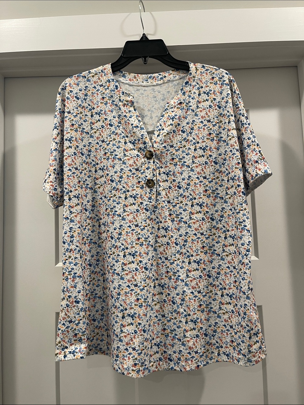 Short-Sleeve Floral Henley Blouse in White with Blue and Pink Accents